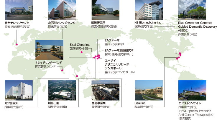 欧州ナレッジセンター 探索・臨床研究(英国)、小石川ナレッジセンター 臨床研究(東京)、筑波研究所 探索・開発研究(茨城)、H3 Biomedicine Inc. 探索研究(米国)、Eisai Center for Genetics Guided Dementia Discovery (G2D2) 探索研究(米国)、ナレッジセンターインド 開発研究(インド)、Eisai China Inc. 臨床研究(中国)、EAファーマ 臨床研究(東京)、EAファーマ創薬研究所 探索・開発研究(神奈川)、エーザイクリニカルリサーチシンガポール 臨床研究(シンガポール)、カン研究所 探索研究(神戸)、川島工園 開発研究(岐阜)、鹿島事業所 開発研究(茨城)、Eisai Inc. 臨床研究(米国)、エクストン・サイト 探索研究(米国)(EPAT:Epochal Precision Anti-Cancer Therapeutics)・開発研究