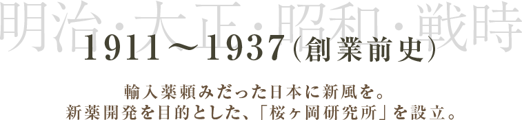 1911～1937　（創業前史） 明治・大正・昭和・戦時 輸入薬頼みだった日本に新風を。新薬開発を目的とした、「桜ヶ岡研究所」を設立。