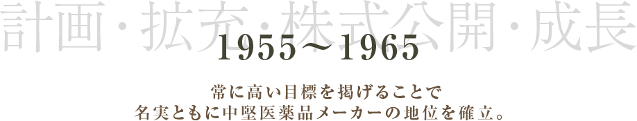 1955～1965 計画・拡充・株式公開・成長 常に高い目標を掲げることで名実ともに中堅医薬品メーカーの地位を確立。