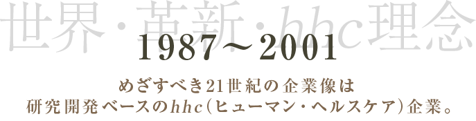 1987～2001 世界・革新・hhc理念 めざすべき21世紀の企業像は研究開発ベースのhhc（ヒューマン・ヘルスケア）企業。