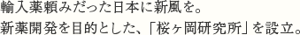 輸入薬頼みだった日本に新風を。新薬開発を目的とした、「桜ヶ岡研究所」を設立。