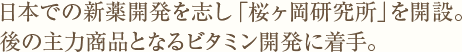 日本での新薬開発を志し「桜ヶ岡研究所」を開設。後の主力商品となるビタミン開発に着手。